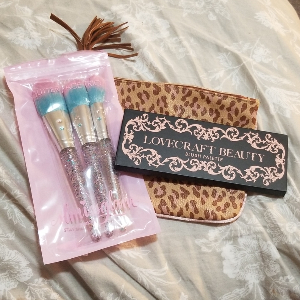 NWT 3 SLMISSGLAM BRUSHES, A BLUSH TRIO, AND BAG